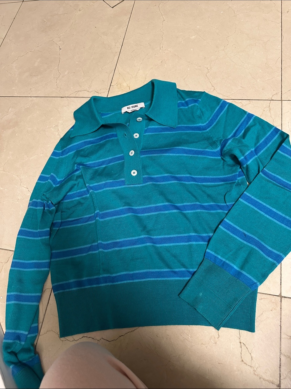 Re/Done Teal Sweater with Blue Stripes - V-Neck Polo Style